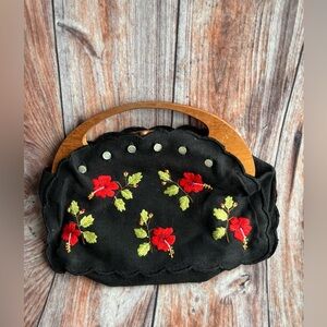Vintage Embroidered Black Floral Handbag Wood Handle